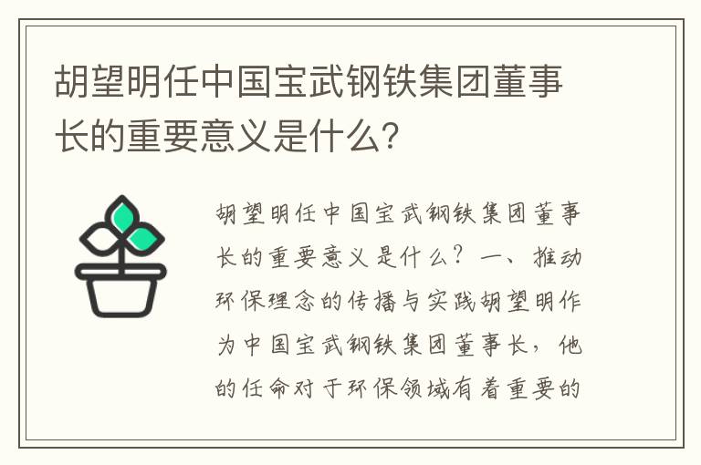 胡望明任中國寶武鋼鐵集團董事長的重要意義是什么？